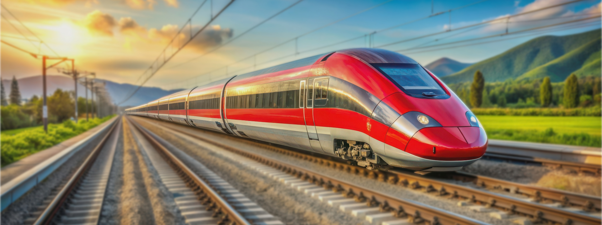 Roter Frecciarossa Hochgeschwindigkeitszug in voller Fahrt auf einer mehrgleisigen Strecke durch eine sonnenbeschienene, grüne Hügellandschaft in Italien. 