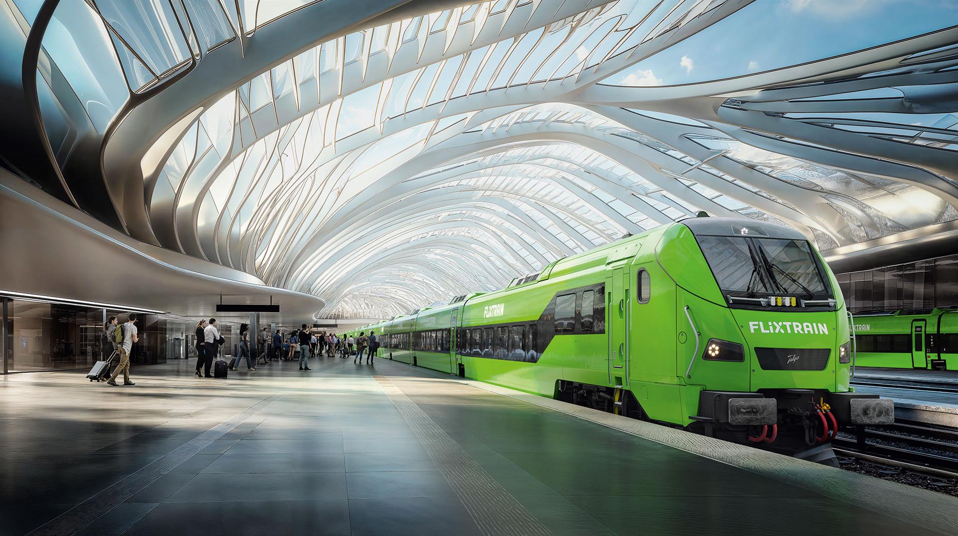 Visualisierung eines neuen grünen FlixTrain-Zuges von Talgo in einem modernen Bahnhof