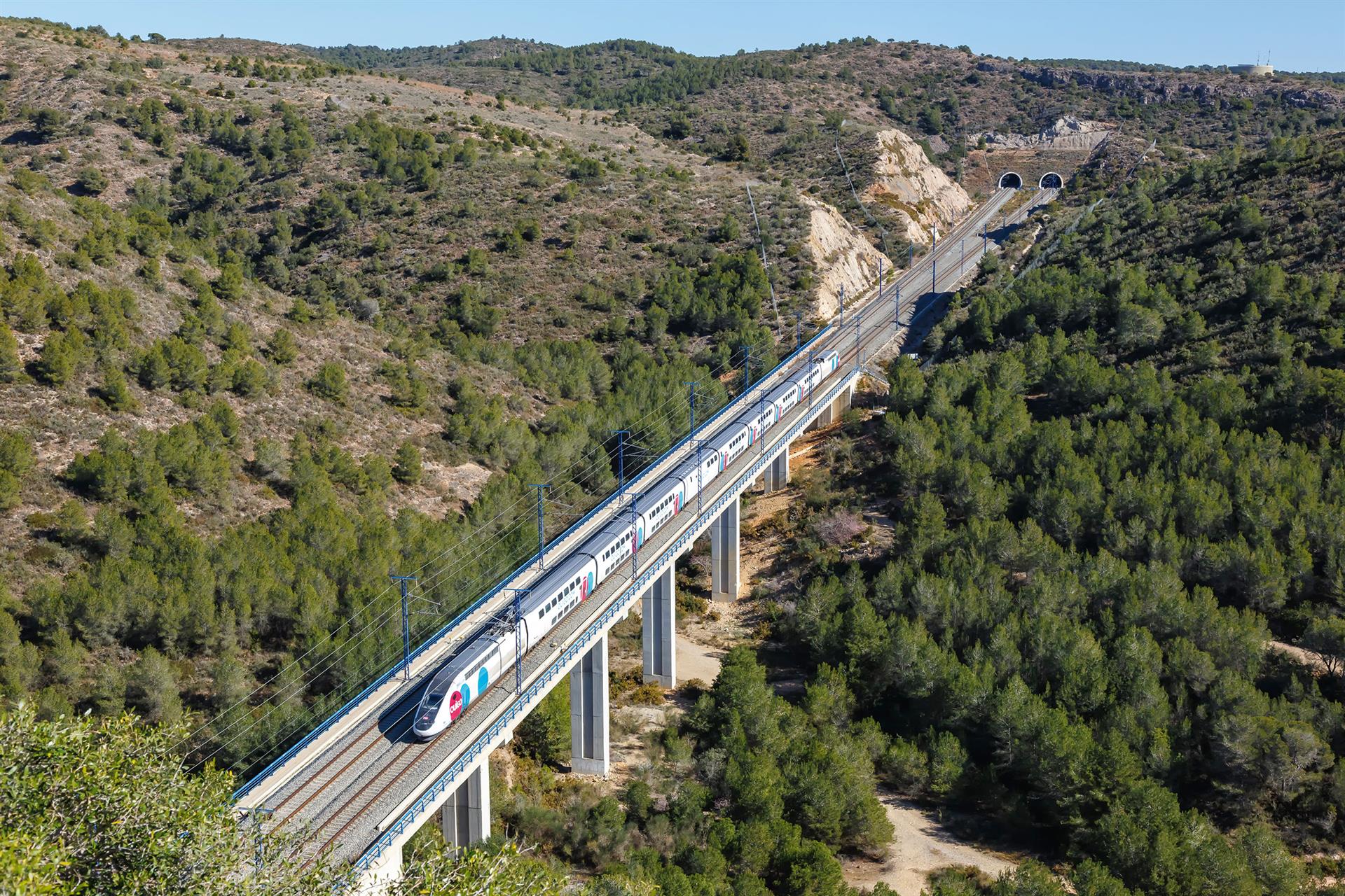 Ouigo-España-TGV auf einer Hochgeschwindigkeitsstrecke in Spanien zwischen bewaldeten Hügeln