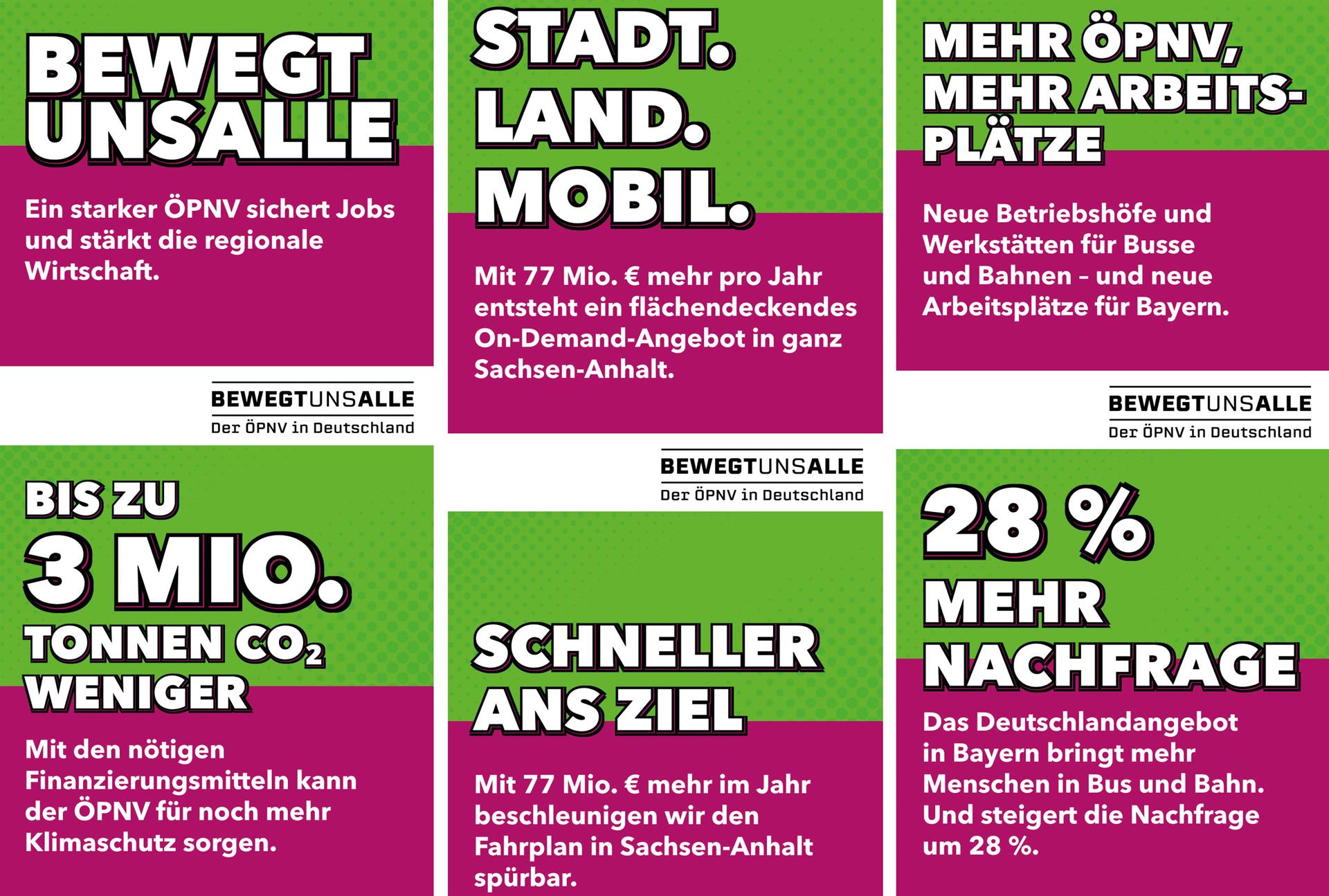 VDV-Kampagne „Bewegt uns alle“: Argumente für den ÖPNV Collage der VDV-Kampagne „Bewegt uns alle“ mit Argumenten für den ÖPNV: Mehr Jobs, 3 Mio. Tonnen CO2-Einsparung, 28% mehr Nachfrage in Bayern und besseres On-Demand-Angebot in Sachsen-Anhalt.