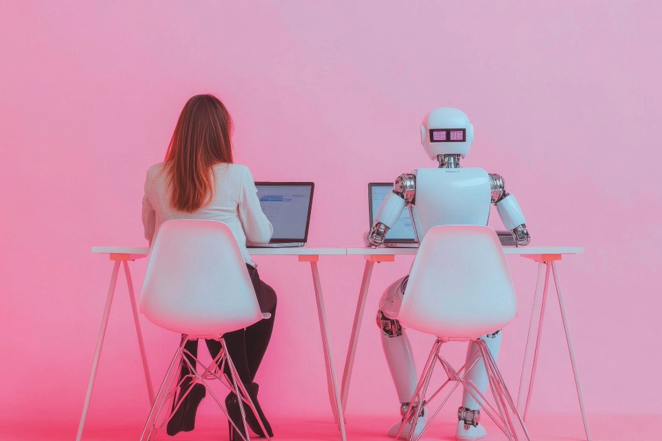 Eine Frau und ein humanoider Roboter sitzen Rücken an Rücken an einem weißen Schreibtisch und arbeiten jeweils an einem Laptop vor einem rosa Hintergrund.
