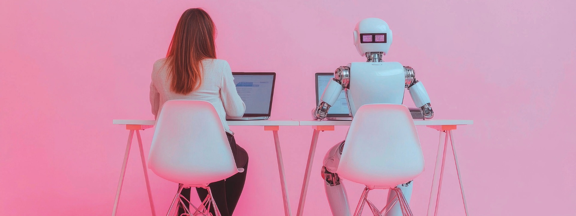 Eine Frau und ein humanoider Roboter sitzen Rücken an Rücken an einem weißen Schreibtisch und arbeiten jeweils an einem Laptop vor einem rosa Hintergrund.