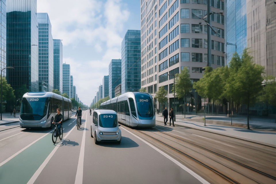 Eine moderne, silberne Straßenbahn und ein autonomer Shuttle mit der Aufschrift 2040 fahren auf einer von Bäumen gesäumten Stadtstraße der Zukunft, neben einem Radfahrer auf einem grünen Radweg.