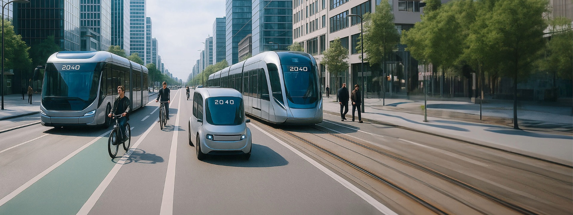 Eine moderne, silberne Straßenbahn und ein autonomer Shuttle mit der Aufschrift 2040 fahren auf einer von Bäumen gesäumten Stadtstraße der Zukunft, neben einem Radfahrer auf einem grünen Radweg.