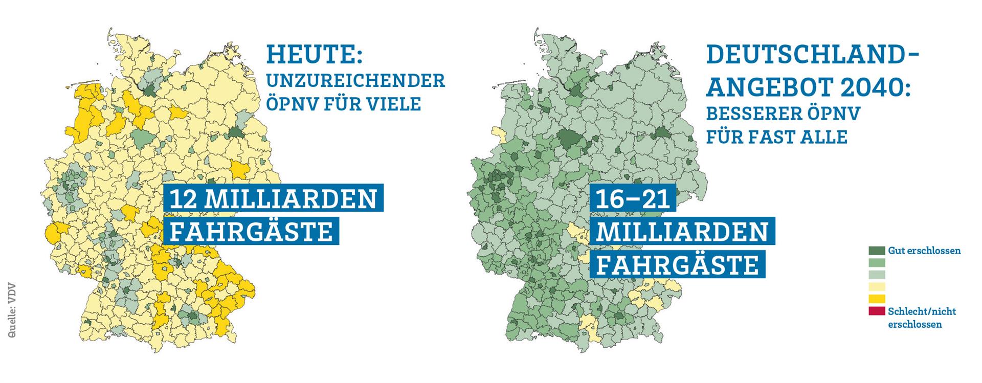 Zwei Deutschlandkarten: Links die heutige, lückenhafte ÖPNV-Abdeckung mit 12 Mrd. Fahrgästen. Rechts die Vision 