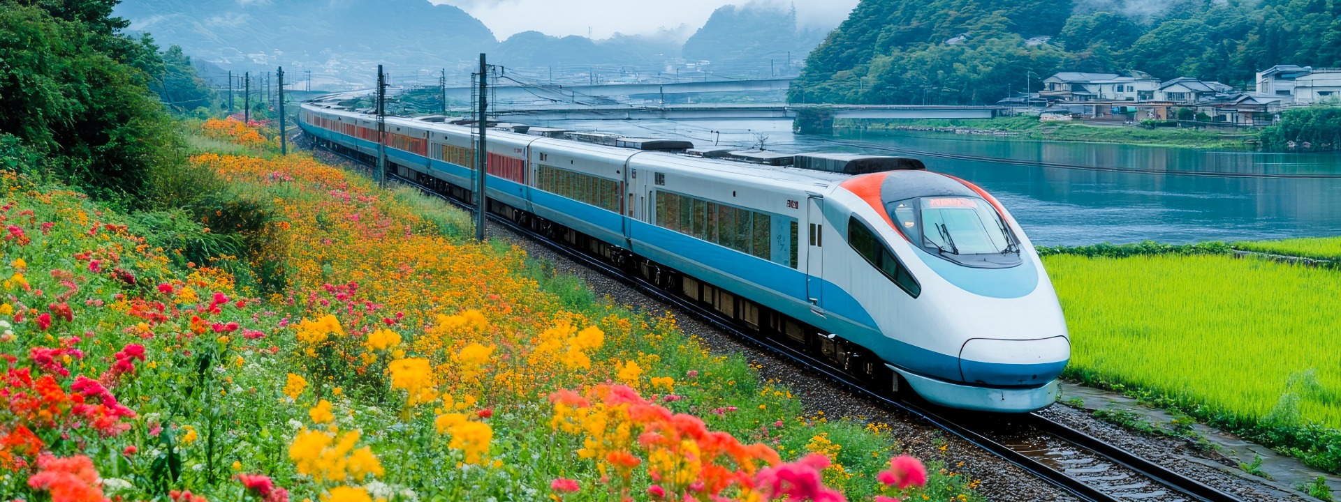 Ein moderner japanischer Hochgeschwindigkeitszug in Weiß, Blau und Orange fährt durch eine grüne, ländliche Landschaft entlang eines Flusses, mit einem Feld voller bunter Wildblumen im Vordergrund.